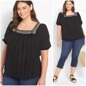 Lane Bryant Classic Square-Neck Shirt Embroidered Trim Crochet Black Cotton 14